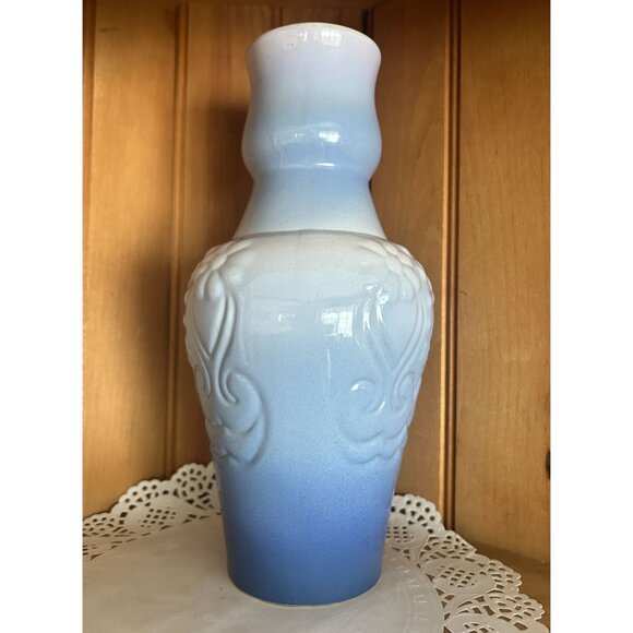 Vintage Art Deco Blue Ombre Ceramic Tall Vase Textured Floral Patterns Floral - Picture 5 of 7